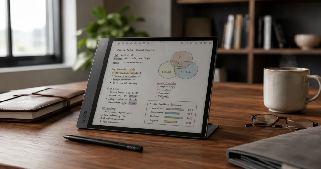 BOOX Note Air color E Ink tablet with stylus resting beside it