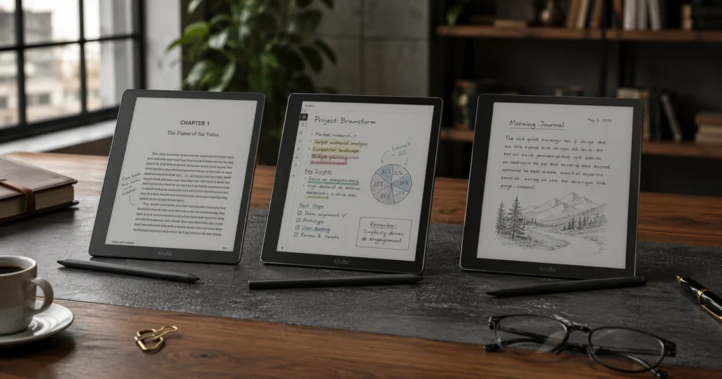 Kindle Scribe 2026 lineup including the standard, color, and front light free models