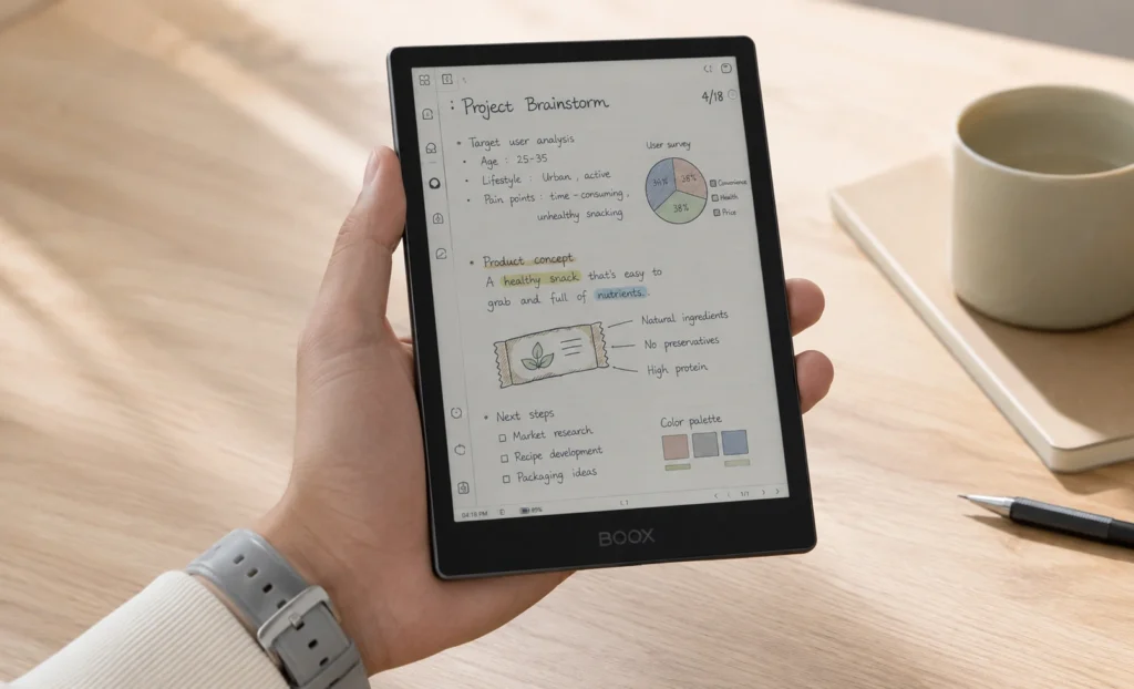 Boox Tab Mini C compact color e ink tablet held in hand