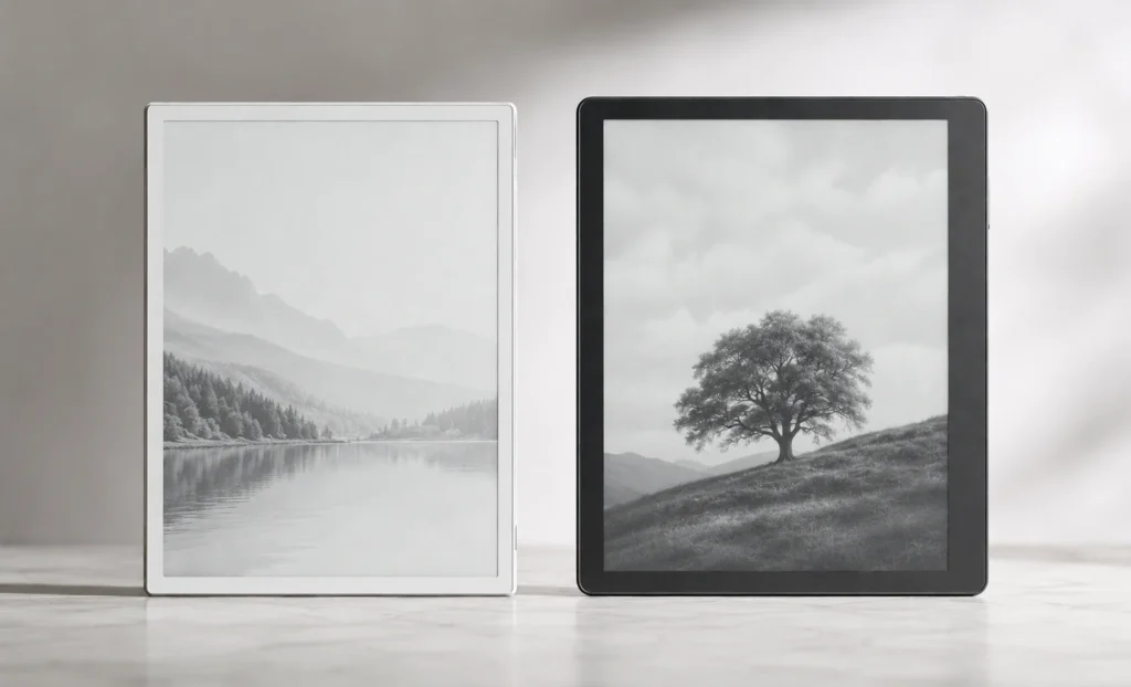 Kindle Scribe and reMarkable 2 placed side by side on a wooden desk showing size, thickness, and design differences