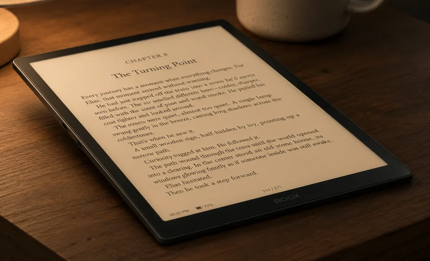BOOX Go 10.3 Lumi with warm front light on in a dimly lit room, displaying an ebook with crisp legible text
