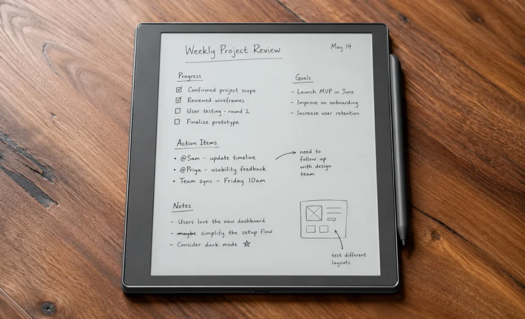 Kindle Scribe 2026 on a wooden desk with magnetic pen docked on the right side showing full 11-inch E Ink display