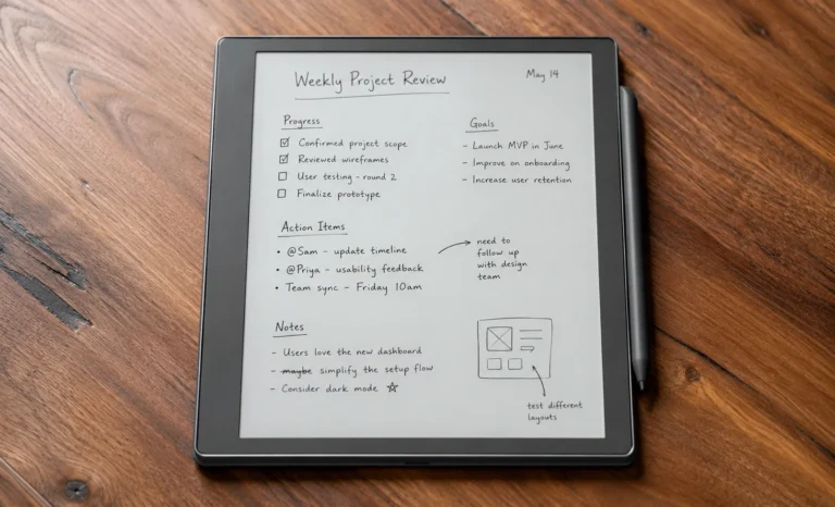 Kindle Scribe 2026 on a wooden desk with magnetic pen docked on the right side showing full 11-inch E Ink display