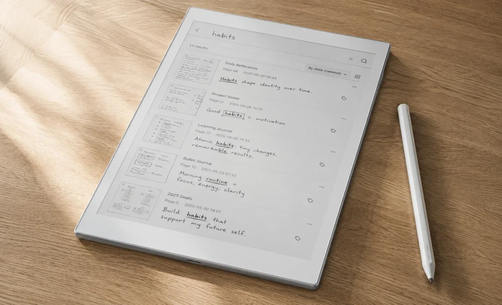 Supernote A5X displaying the handwriting search feature with multiple search results across notebooks visible on screen
