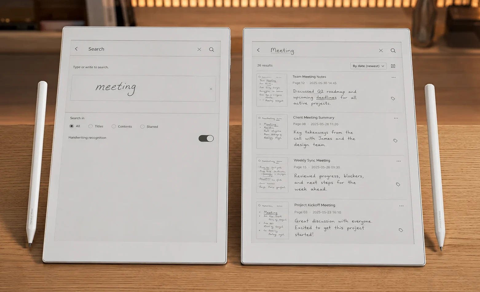 2 Supernote A5X displaying the handwriting search feature with multiple search results across notebooks visible on screen