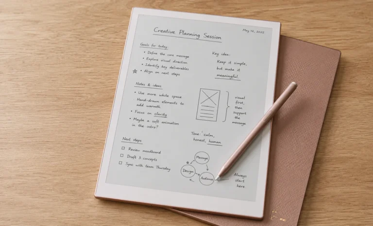 Supernote A5X in rose gold colour beside a paper notebook and pen showing the device's refined stationery aesthetic