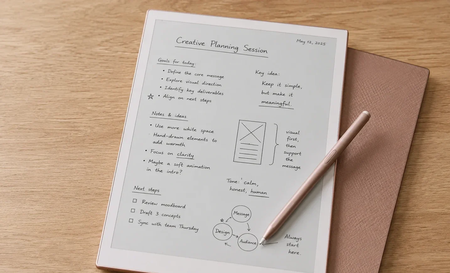 Supernote A5X in rose gold colour beside a paper notebook and pen showing the device's refined stationery aesthetic