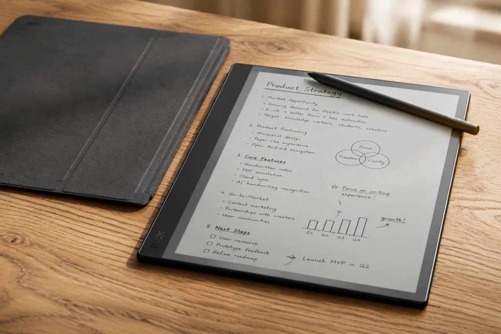 Boox Note Air2 e ink tablet with magnetic case and stylus on a desk