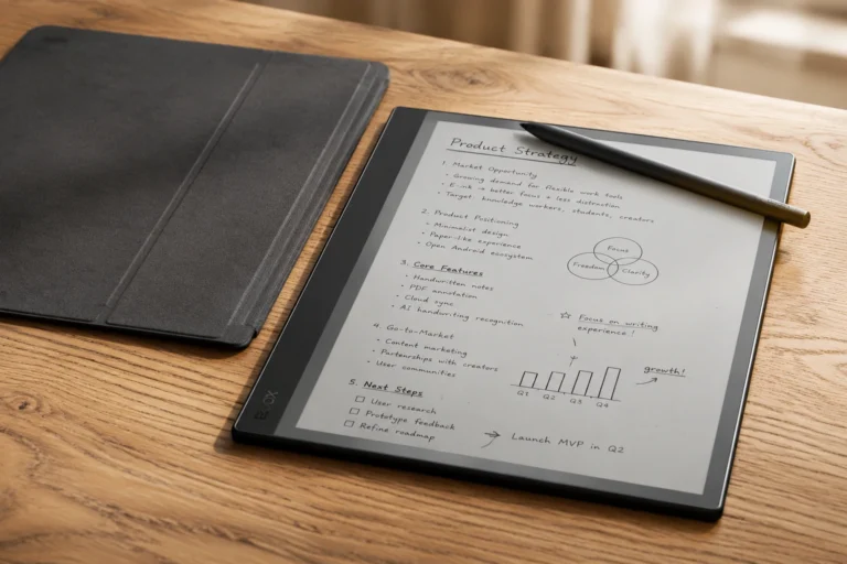 Boox Note Air2 e ink tablet with magnetic case and stylus on a desk