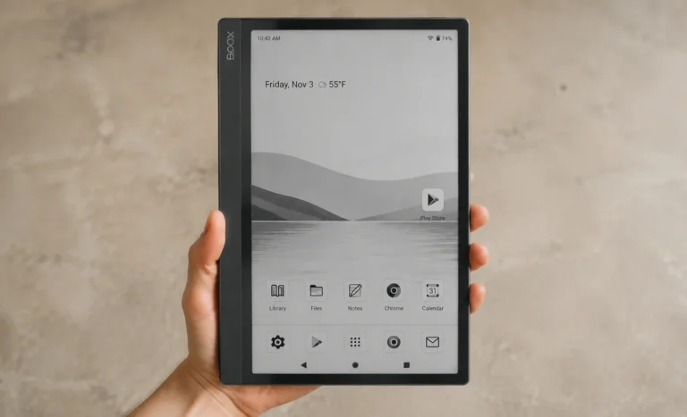 Home screen of an E Ink Android tablet displaying access to the Google Play Store