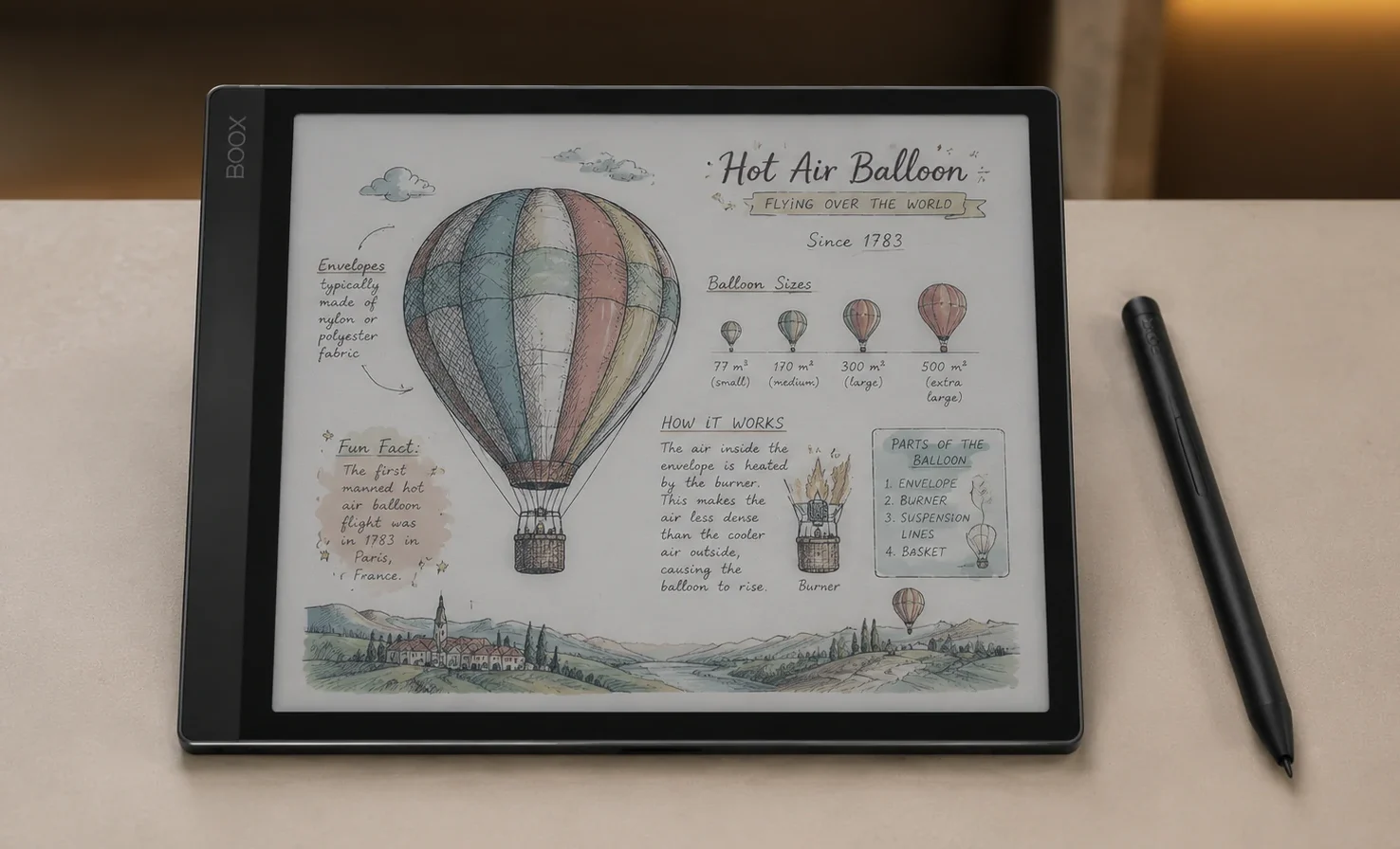 Boox Note Air4 C screen displaying a colorful illustration showing muted Kaleido 3 color tones