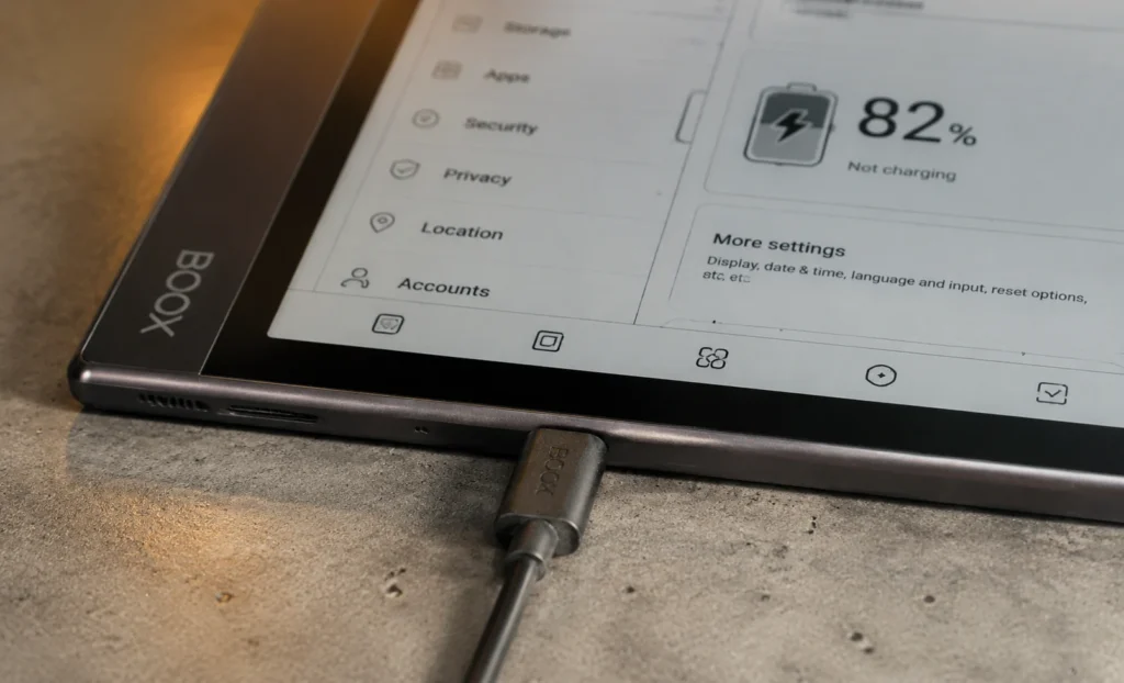 Boox Note Air4 C charging port and battery percentage indicator on screen