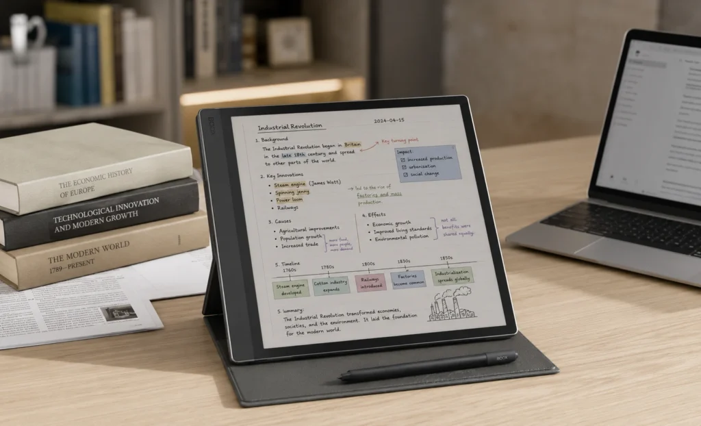 BOOX Note Air3 C in a folio cover on a study desk beside reference books showing real academic workflow context