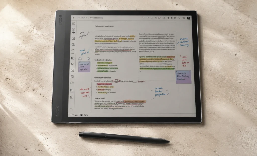 BOOX Note Air3 C lying on a light desk showing the 10.3-inch Kaleido 3 colour E Ink display with an annotated document