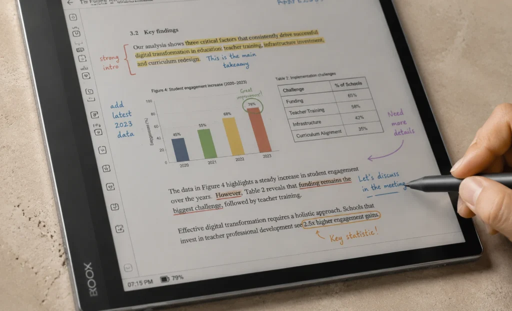 Close-up of Wacom EMR stylus annotating a document on the BOOX Note Air3 C with multiple coloured ink marks visible