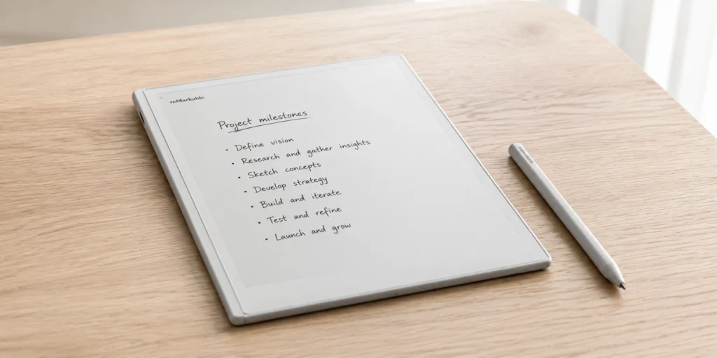 reMarkable Paper Pure paper tablet on a wooden desk with Marker stylus beside it