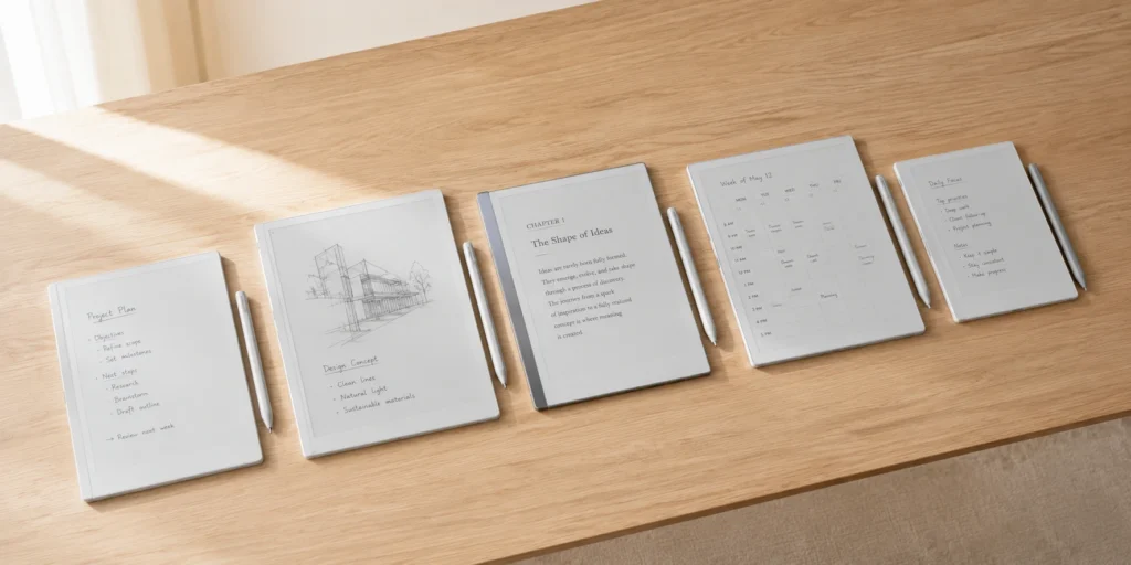 e ink tablets comparison showing reMarkable, Boox, Supernote, and Kindle Scribe side by side