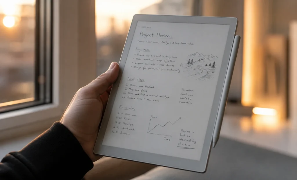 Hand holding a 10-inch E Ink tablet near a bright window with handwritten notes visible on the paper-like display