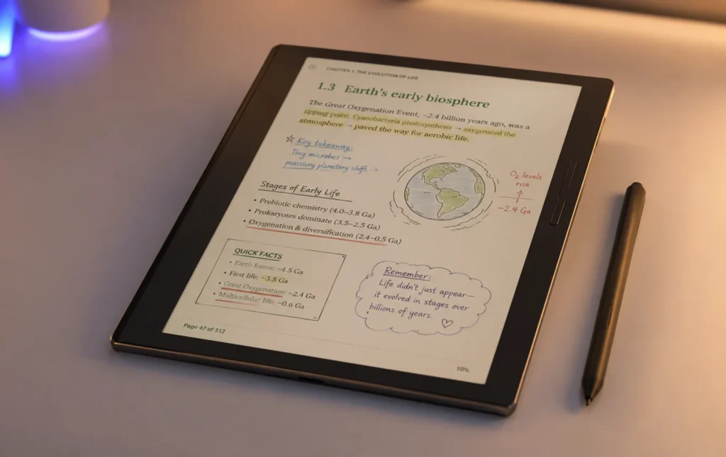 Kindle Scribe Colorsoft with warm front light active showing color-coded annotations on a dimly lit page