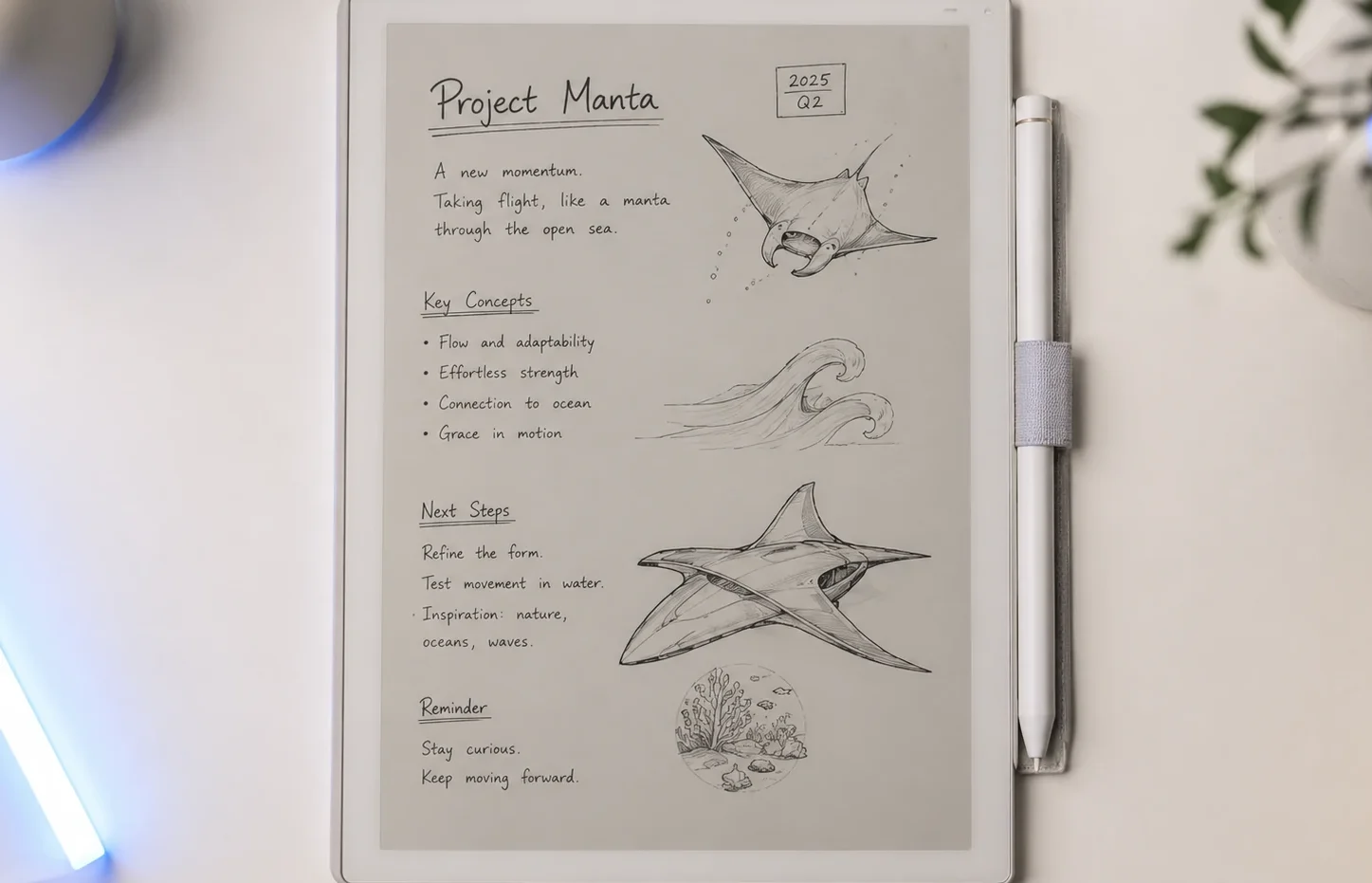 Supernote Manta A5X2 E Ink tablet with ceramic stylus resting in side pen loop showing slim modular design