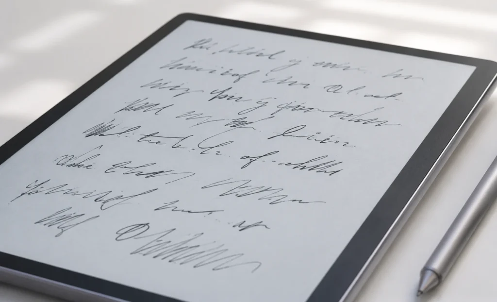 Close-up of handwritten notes on the Viwoods AiPaper E Ink display showing dark crisp ink against bright white paper-like background