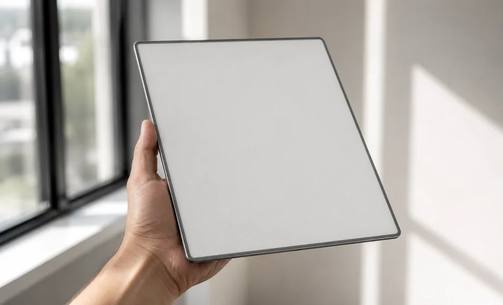 Hand holding Viwoods AiPaper showing the ultra-slim 4.5mm profile and 10.65-inch E Ink display in natural window light