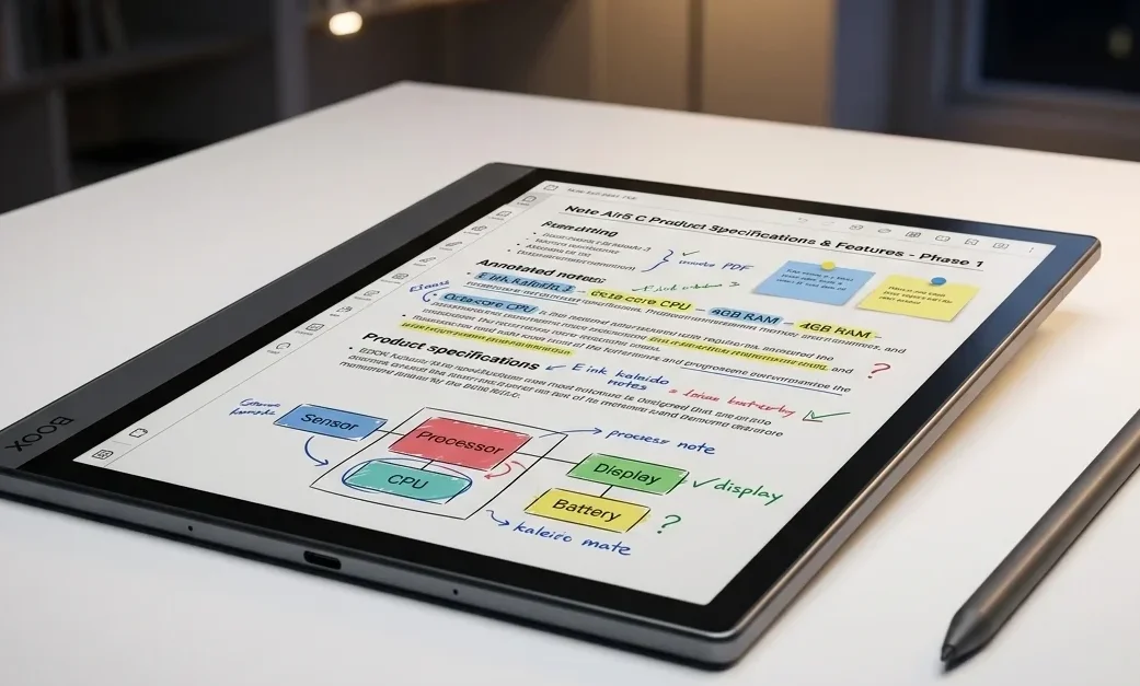 BOOX Note Air5 C color E Ink tablet displaying a colorful annotated PDF document with multiple highlight colors