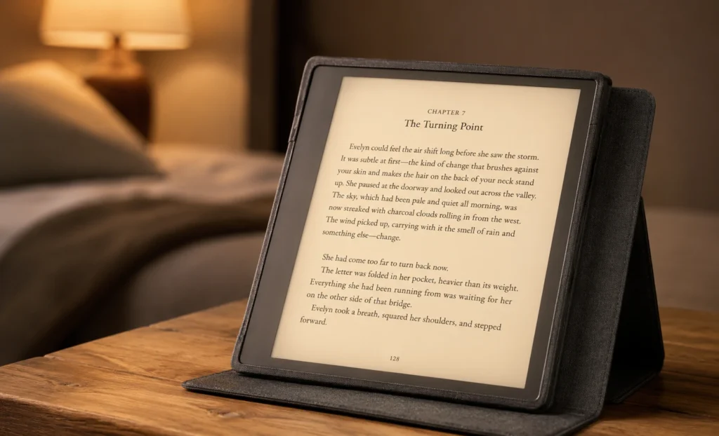 Kindle Scribe in fabric cover standing on a bedside table with warm front light on showing an open novel in evening reading light