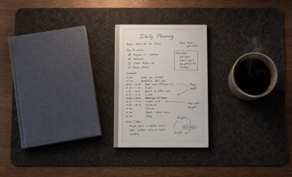 Supernote A5 X2 Manta e ink tablet lying flat on a wooden desk beside a coffee cup