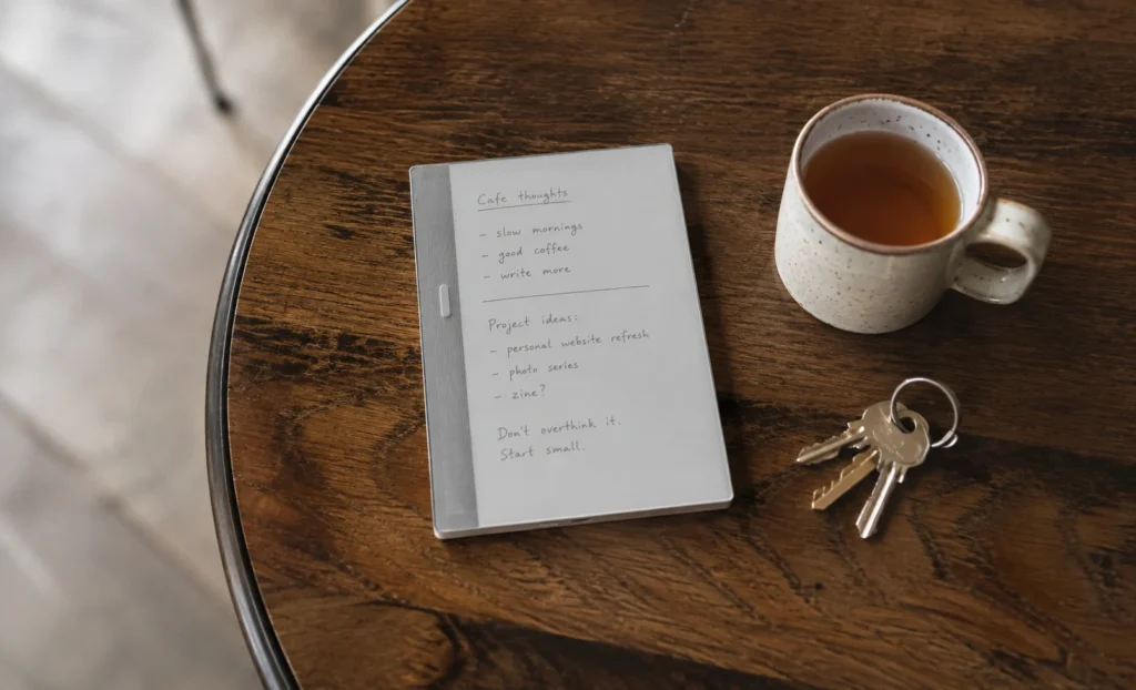 Supernote A6 X2 Nomad on a cafe table beside tea and keys