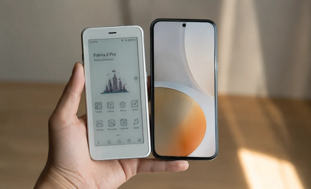 BOOX Palma 2 Pro color e ink tablet held next to a smartphone for size comparison
