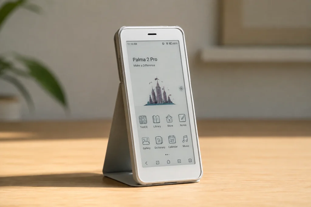 BOOX Palma 2 Pro propped up on its magnetic case kickstand