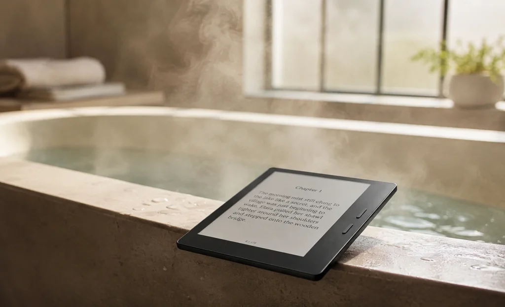 waterproof e readers sitting on bathtub edge