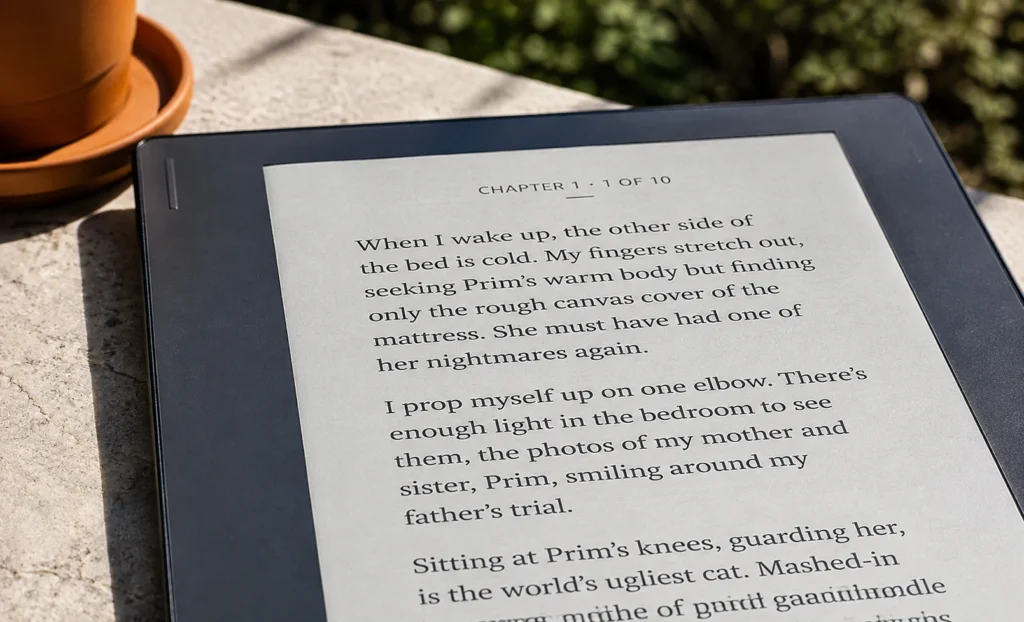 close up of an e-reader screen showing sharp black text, photographed outdoors in direct sunlight