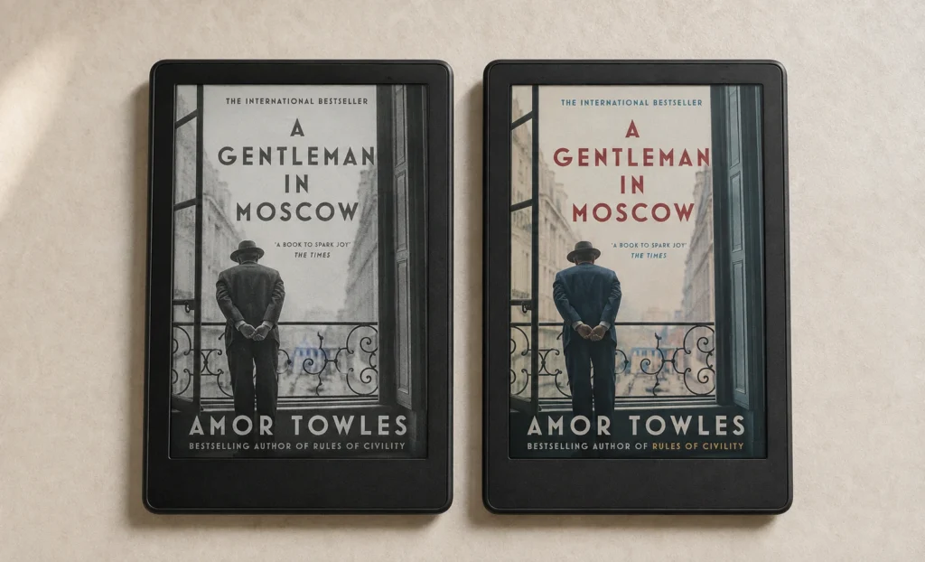 Black and white versus color E Ink screen comparison showing the same book cover